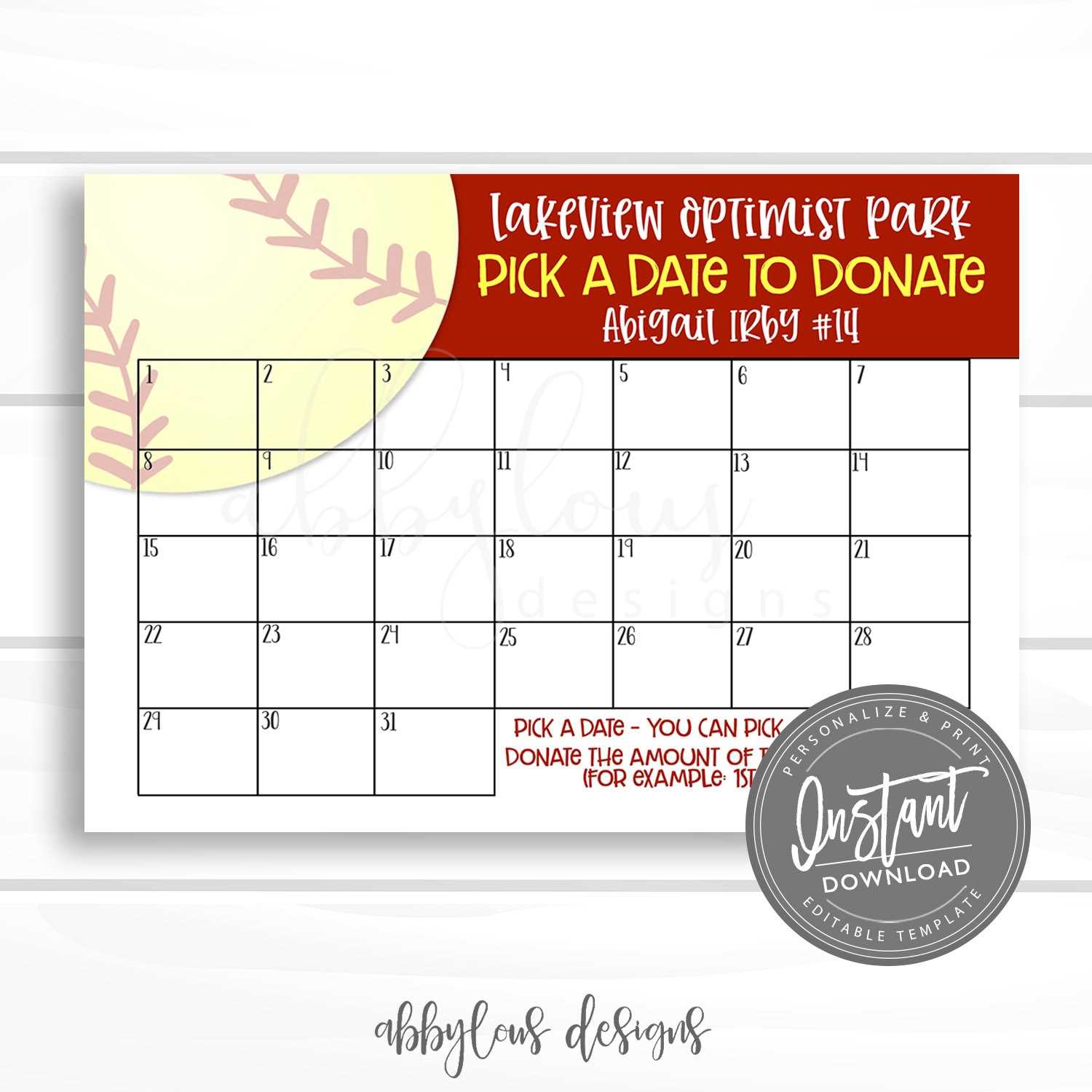 softball calendar template