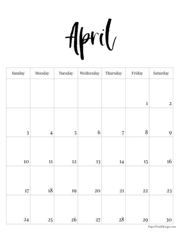 april monthly calendar template