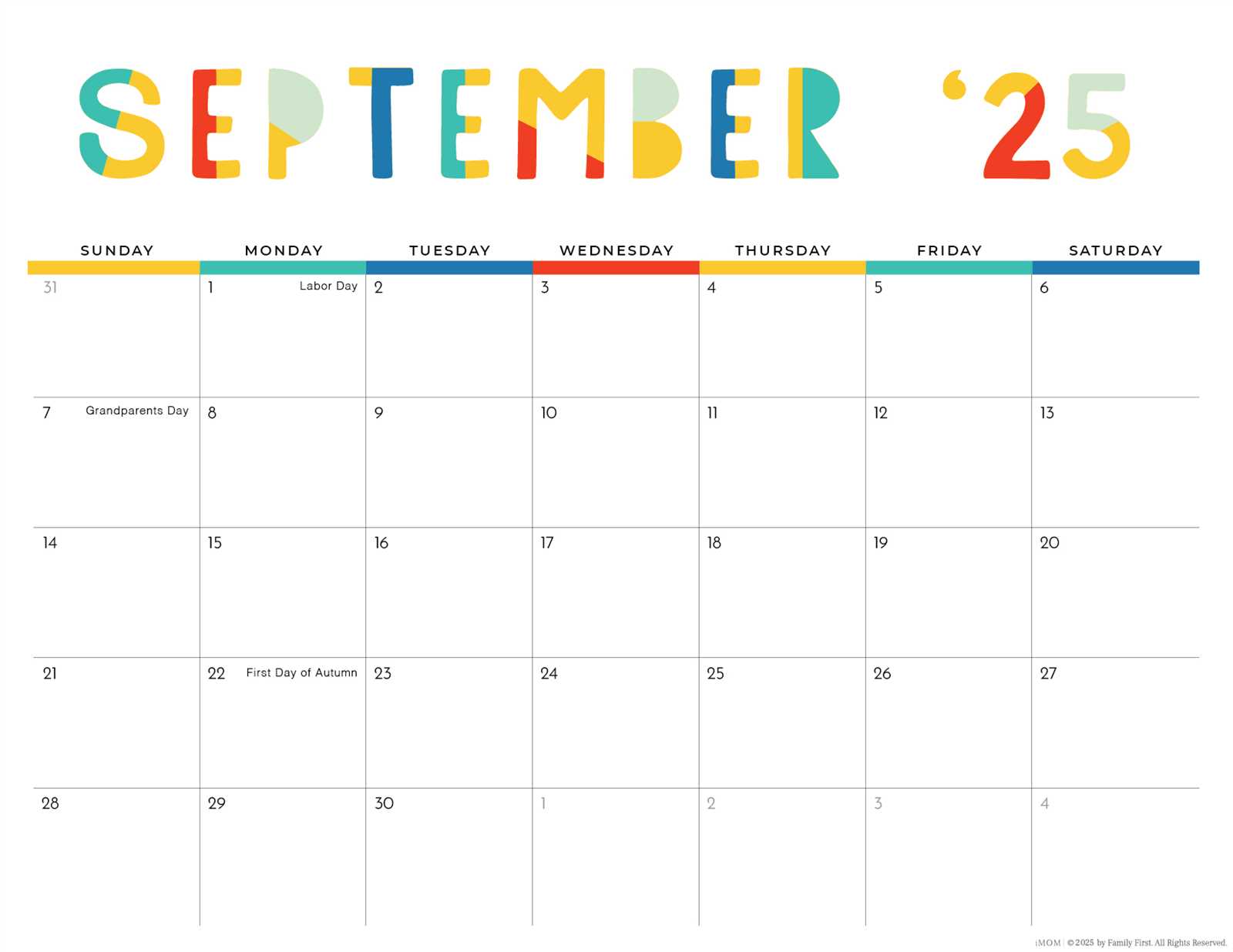 colorful monthly calendar template