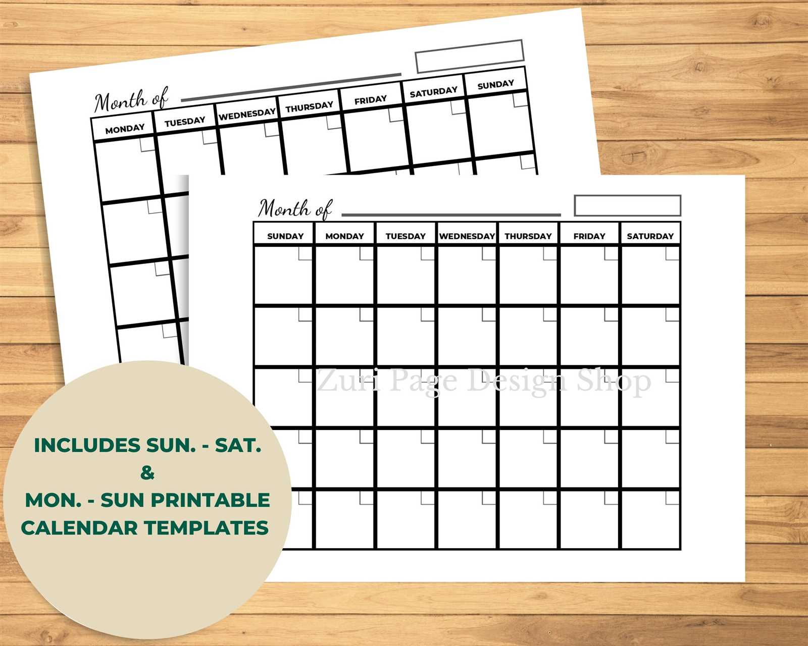 standard calendar template