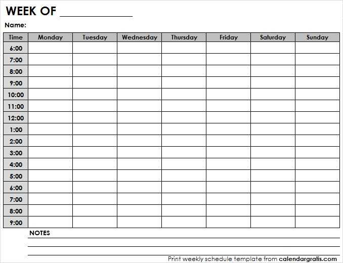 student weekly calendar template