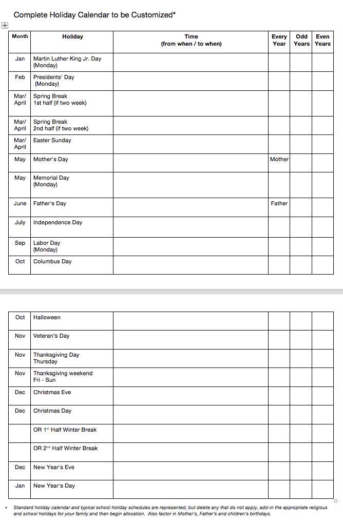 parenting plan calendar template free