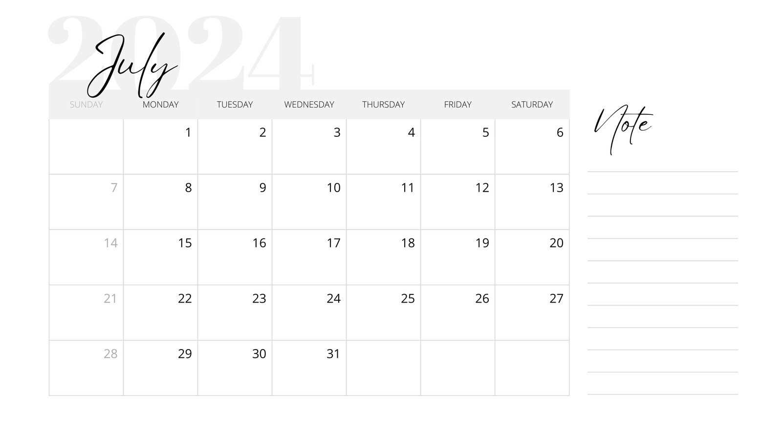 july calendar template printable