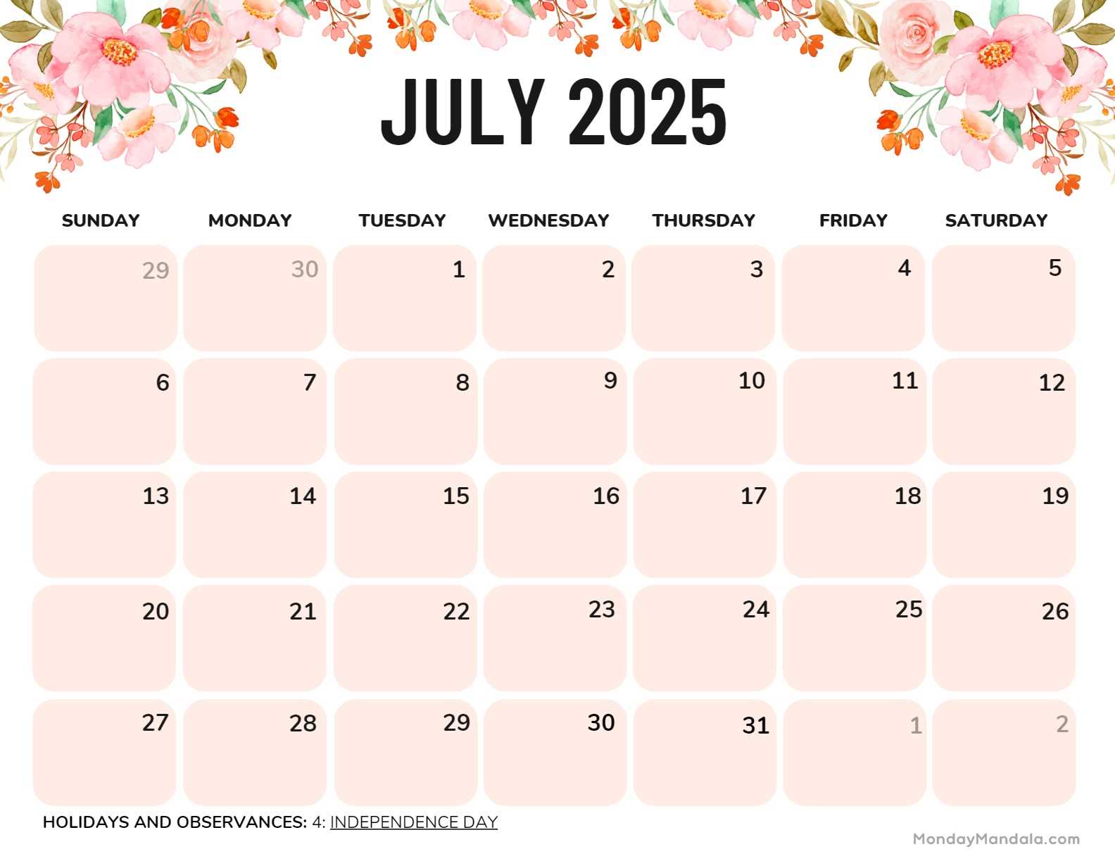 calendar template for july 2025