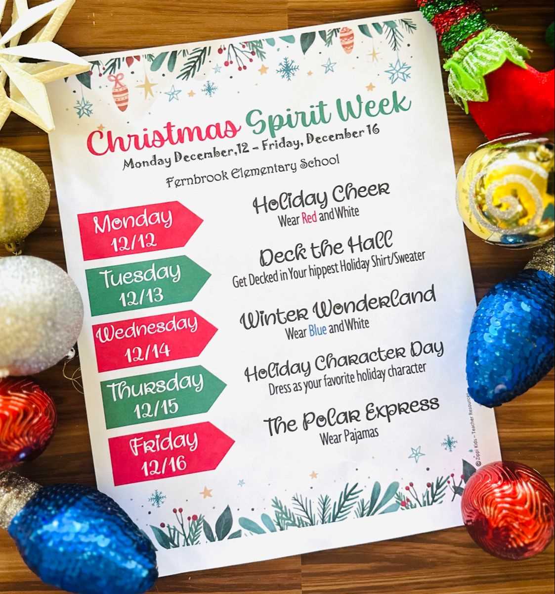 christmas spirit week calendar template