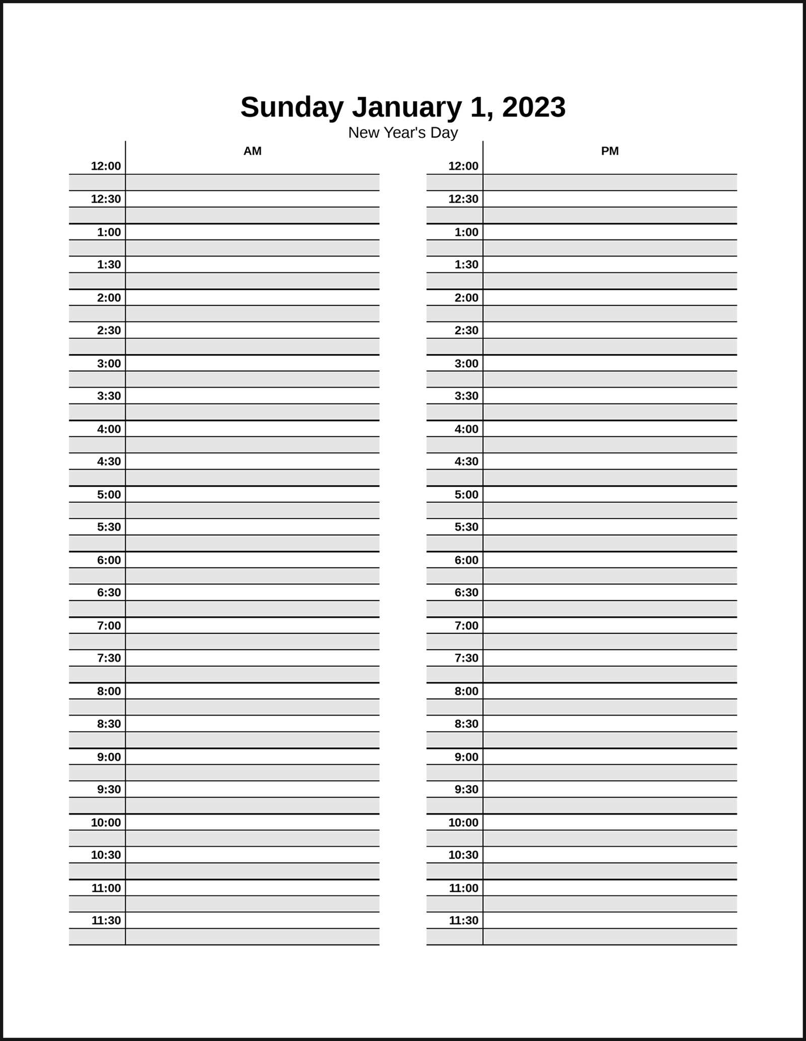 hourly daily calendar template