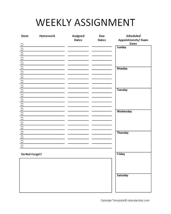 student assignment calendar template