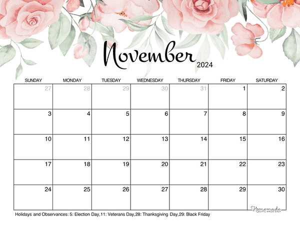 month of november calendar template