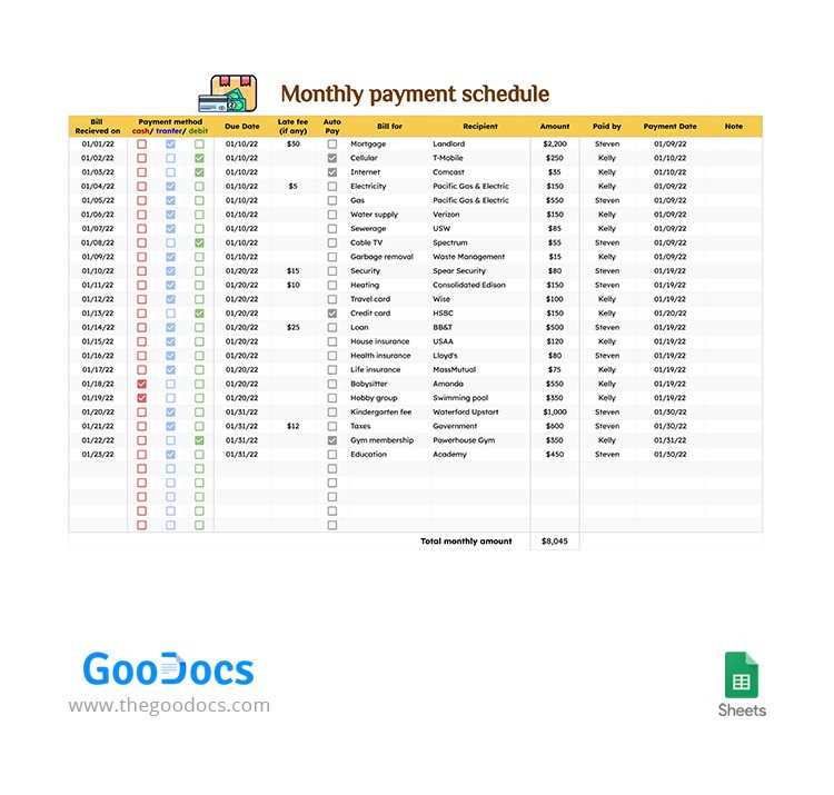 monthly payment calendar template