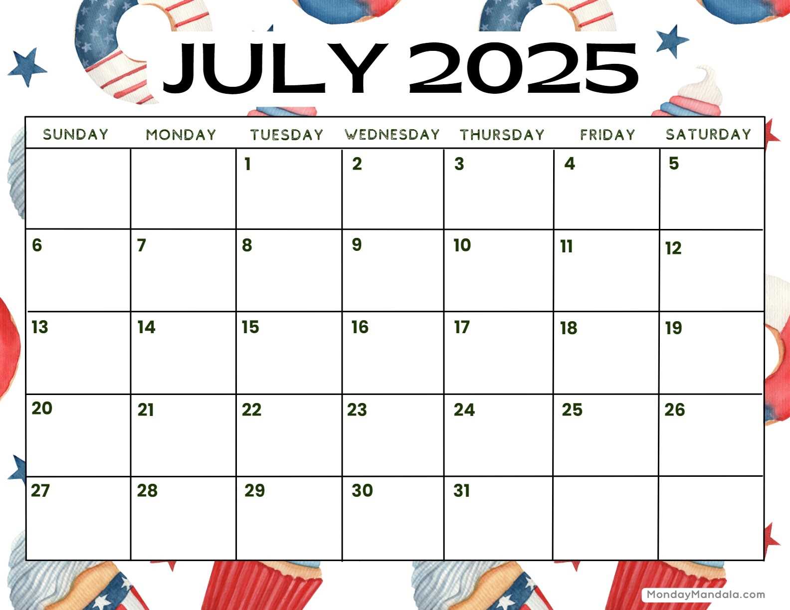 calendar template for july 2025