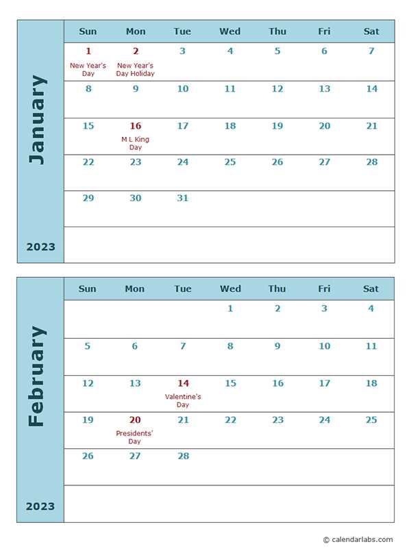 two page per month calendar template