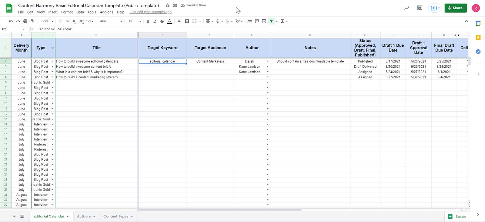 simple content calendar template