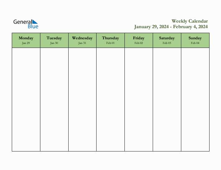 free five day calendar template