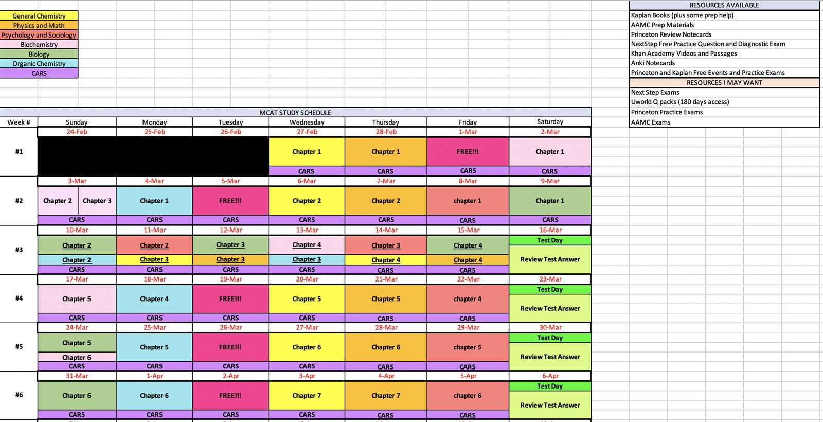 mcat calendar template