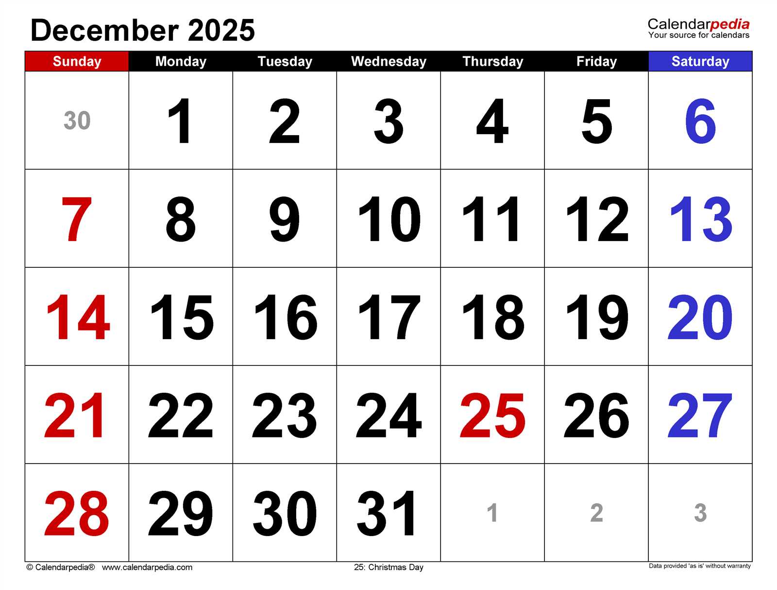 calendar template december 2025 printable