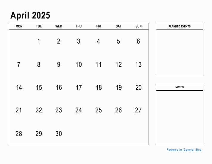 blank calendar template april 2025