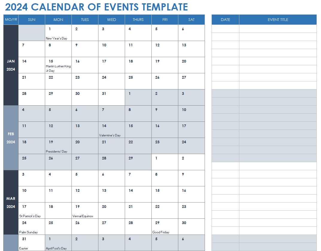 calendar of events template