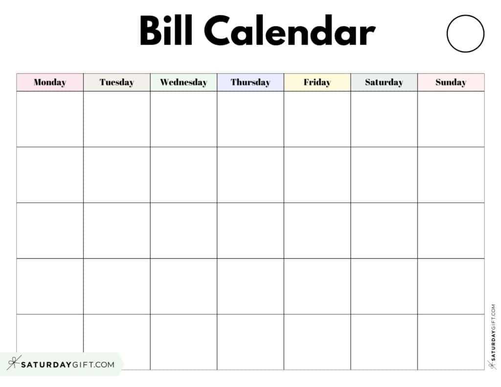 monthly bill payment calendar template