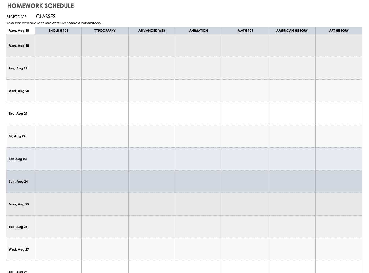 free time management calendar template