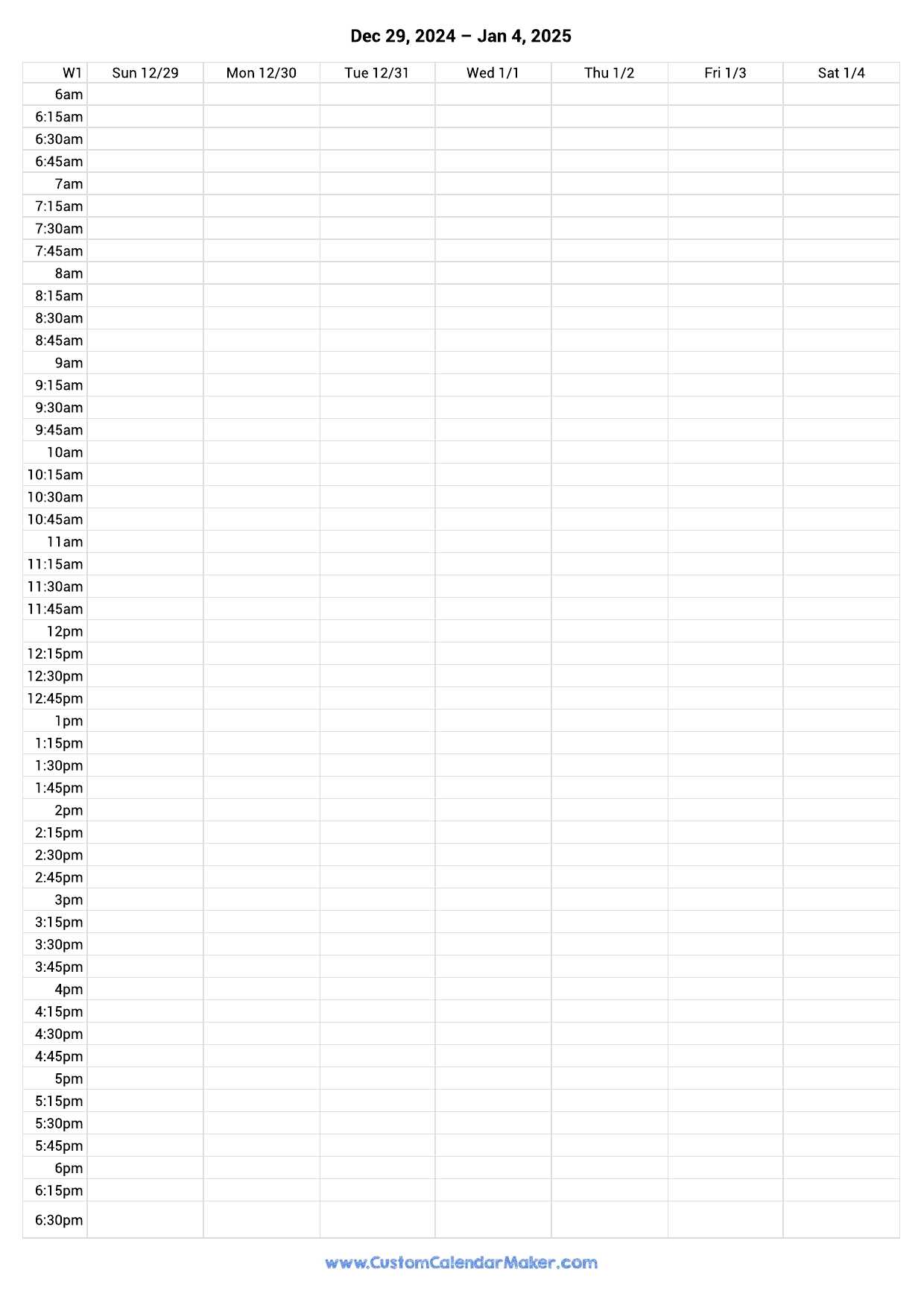 daily calendar 15 minute increments template