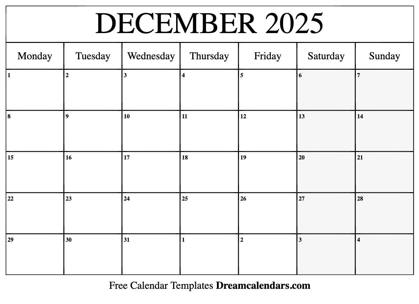 printable calendar template december 2025