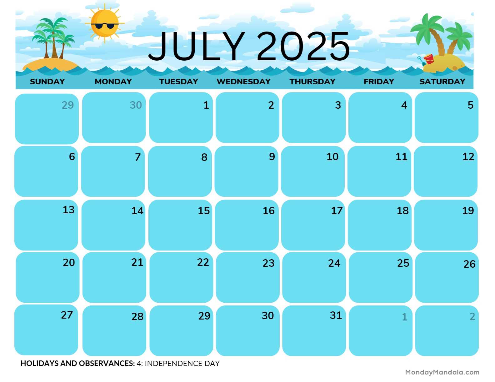 calendar template for july 2025