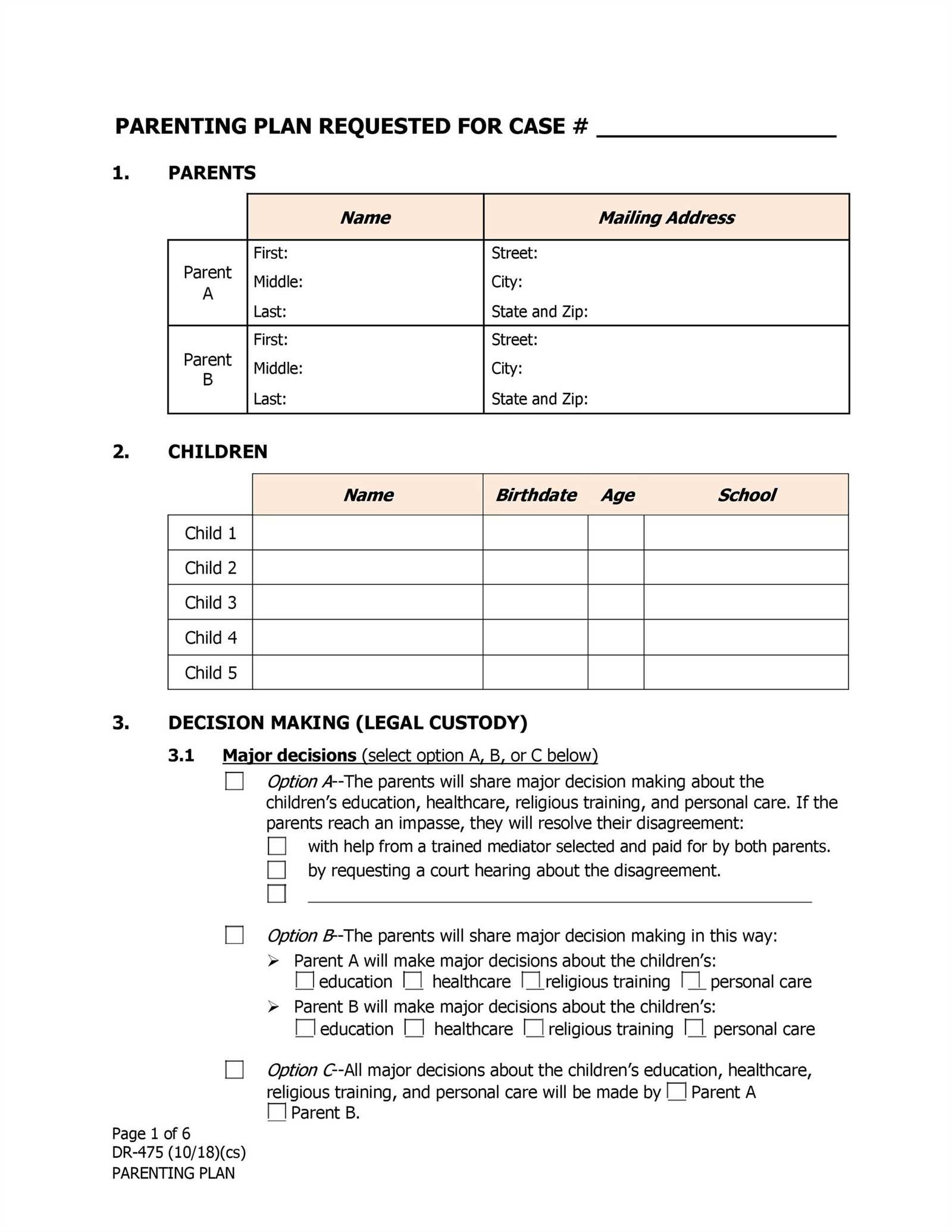 parenting plan calendar template free