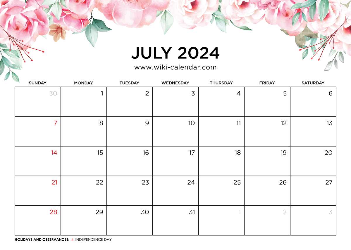 free july calendar template