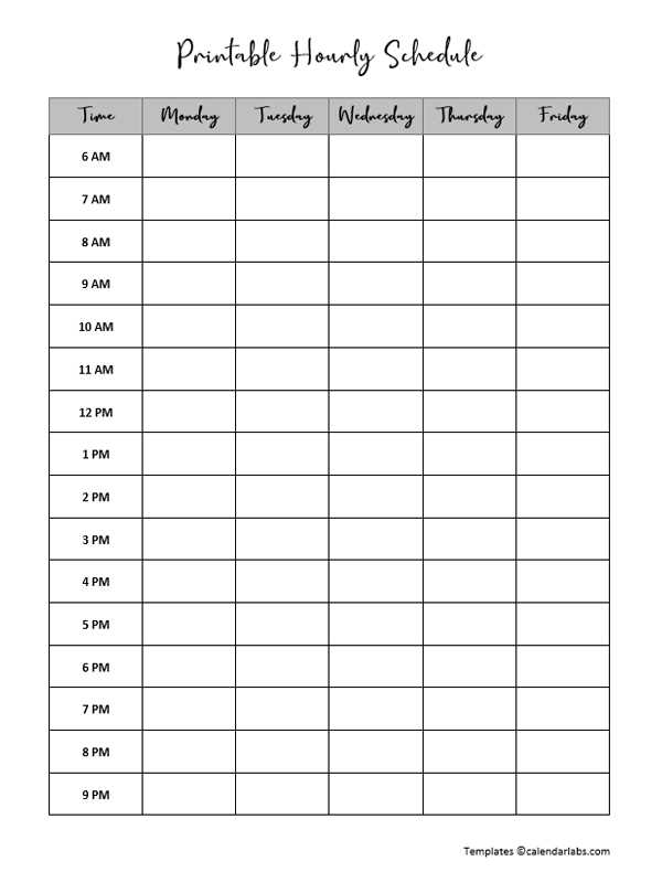 hourly calendar template