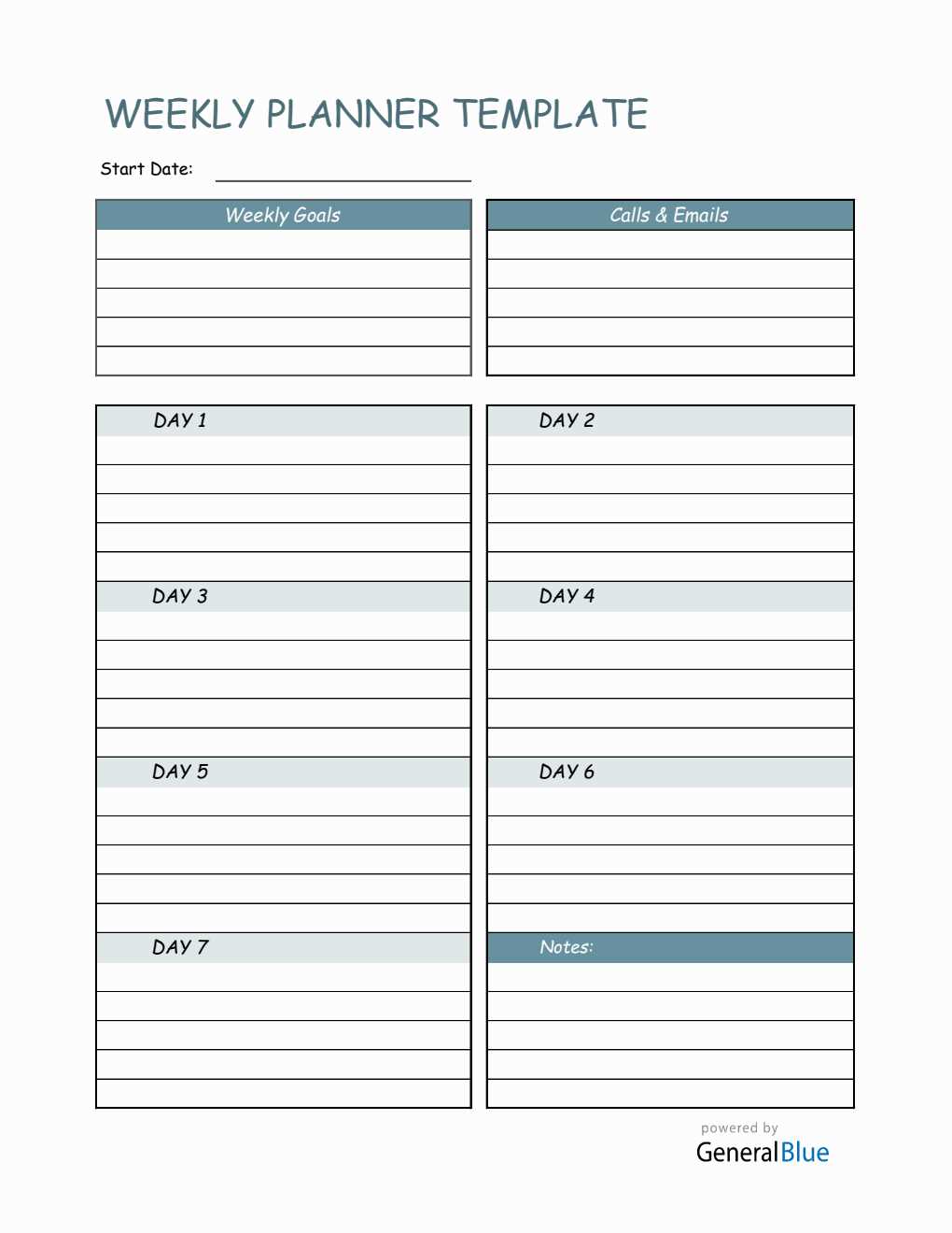 seven day calendar template