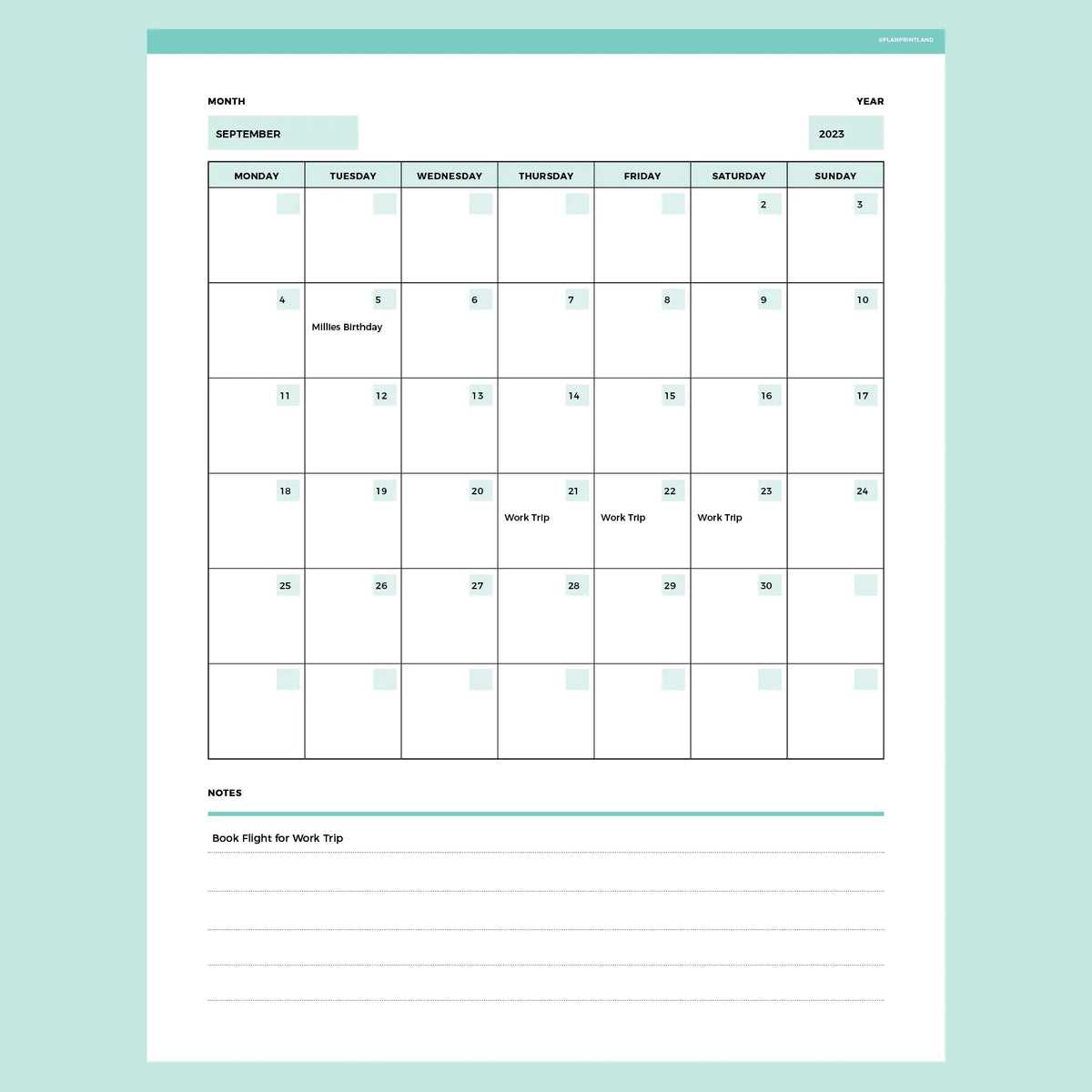 one page monthly calendar template