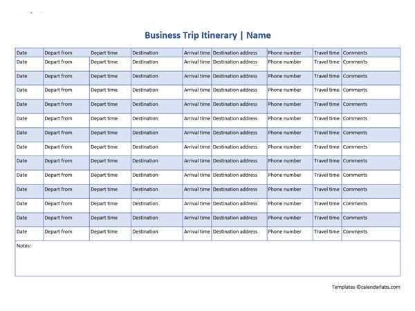 calendar trip planner template