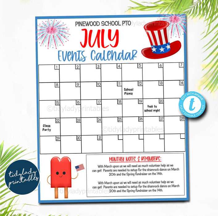 july calendar template editable