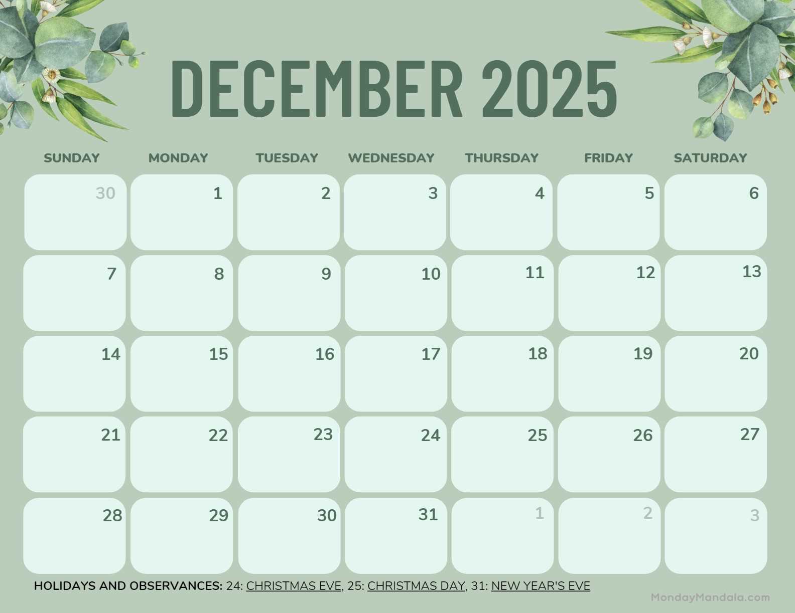 free printable calendar template december 2025