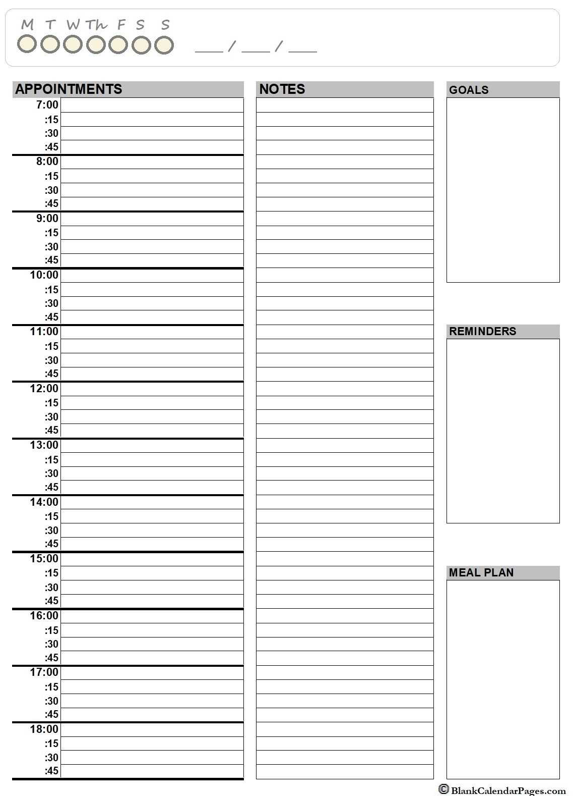 printable blank daily calendar template