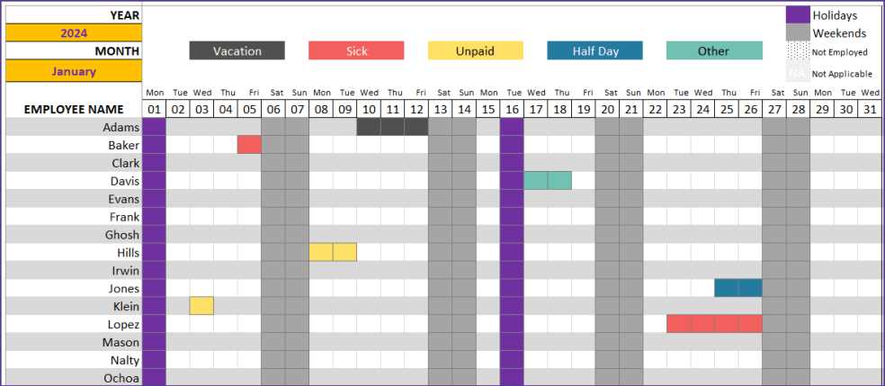 vacation calendar template for employees