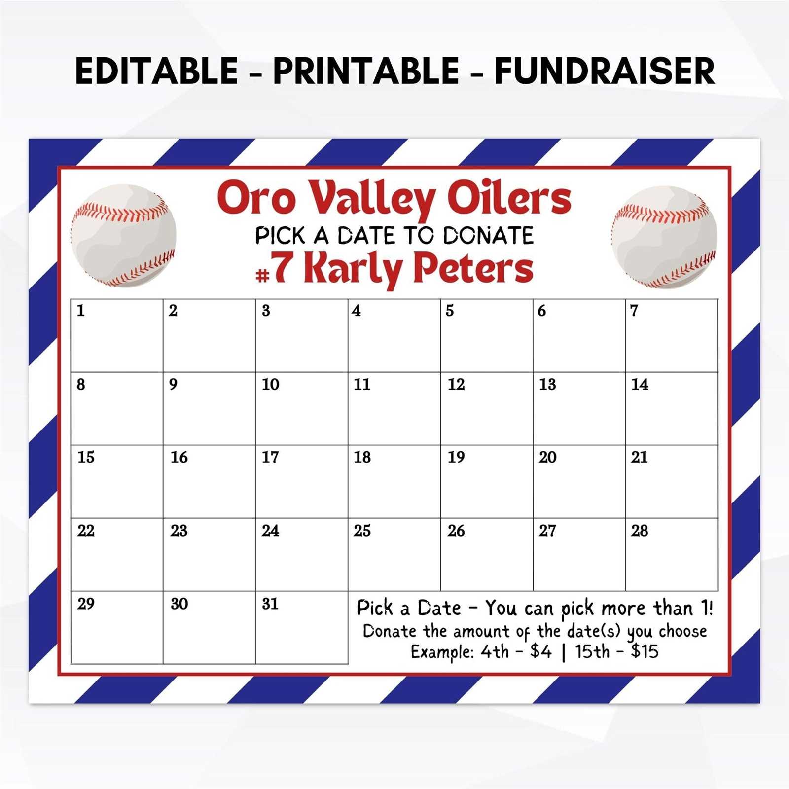 baseball fundraiser calendar template