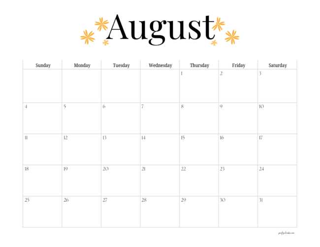 cute august calendar template