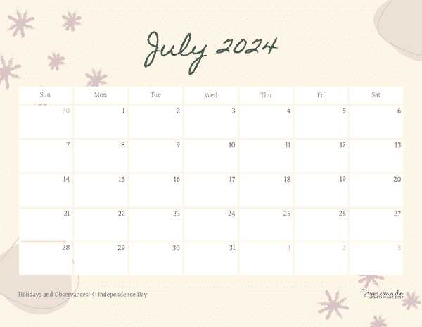 july calendar printable template