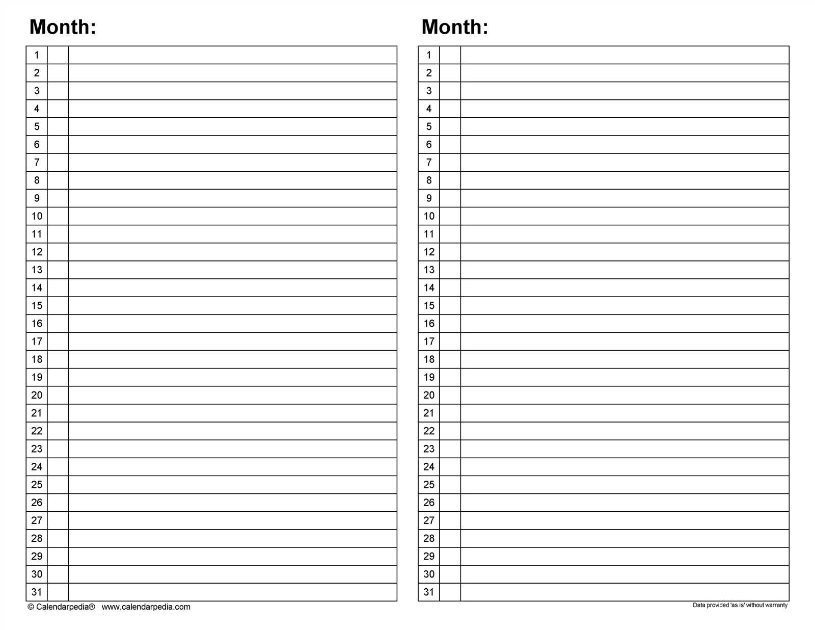 free blank 31 day calendar template