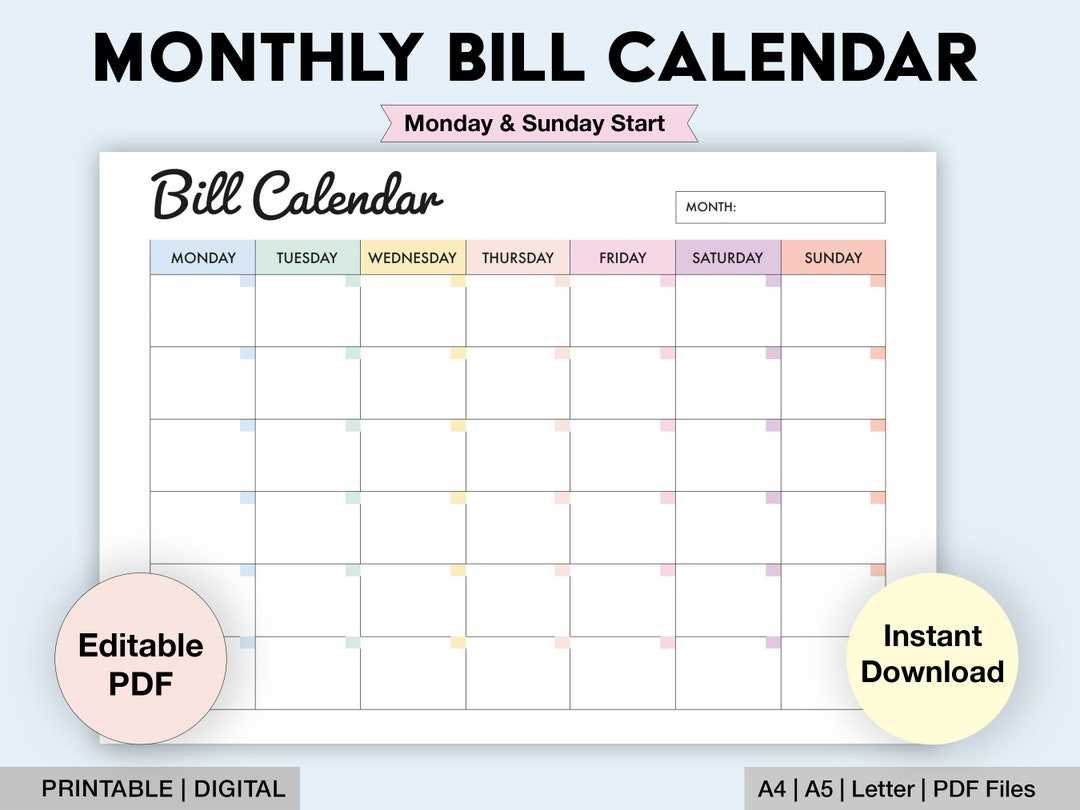 monthly bill calendar template