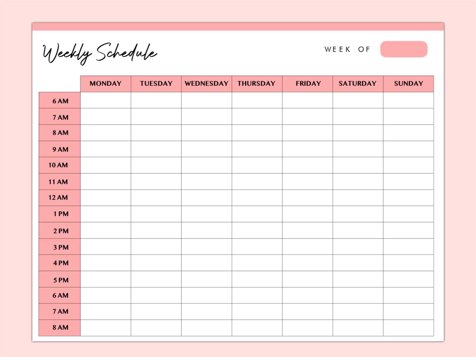 weekly calendar template with hours