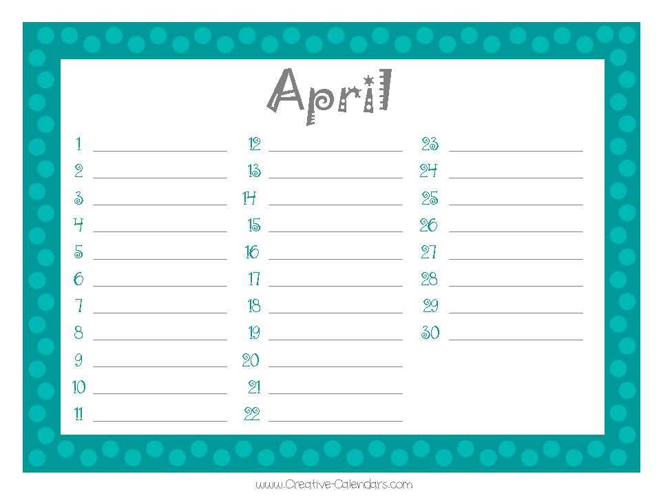 monthly perpetual calendar template