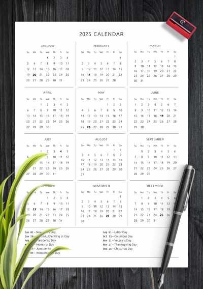 one page annual calendar template