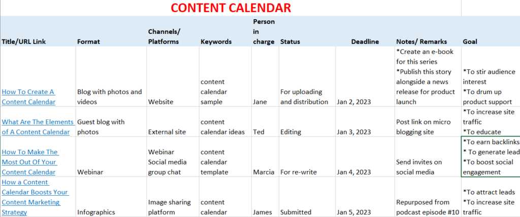 sample content calendar template