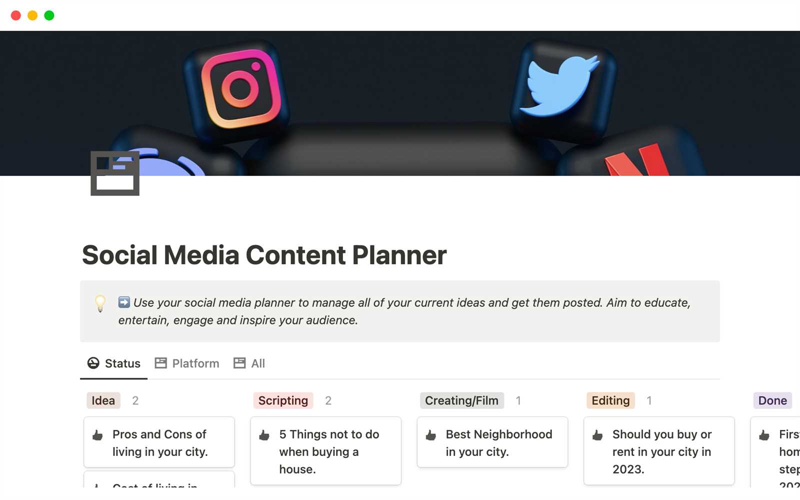 content calendar notion template