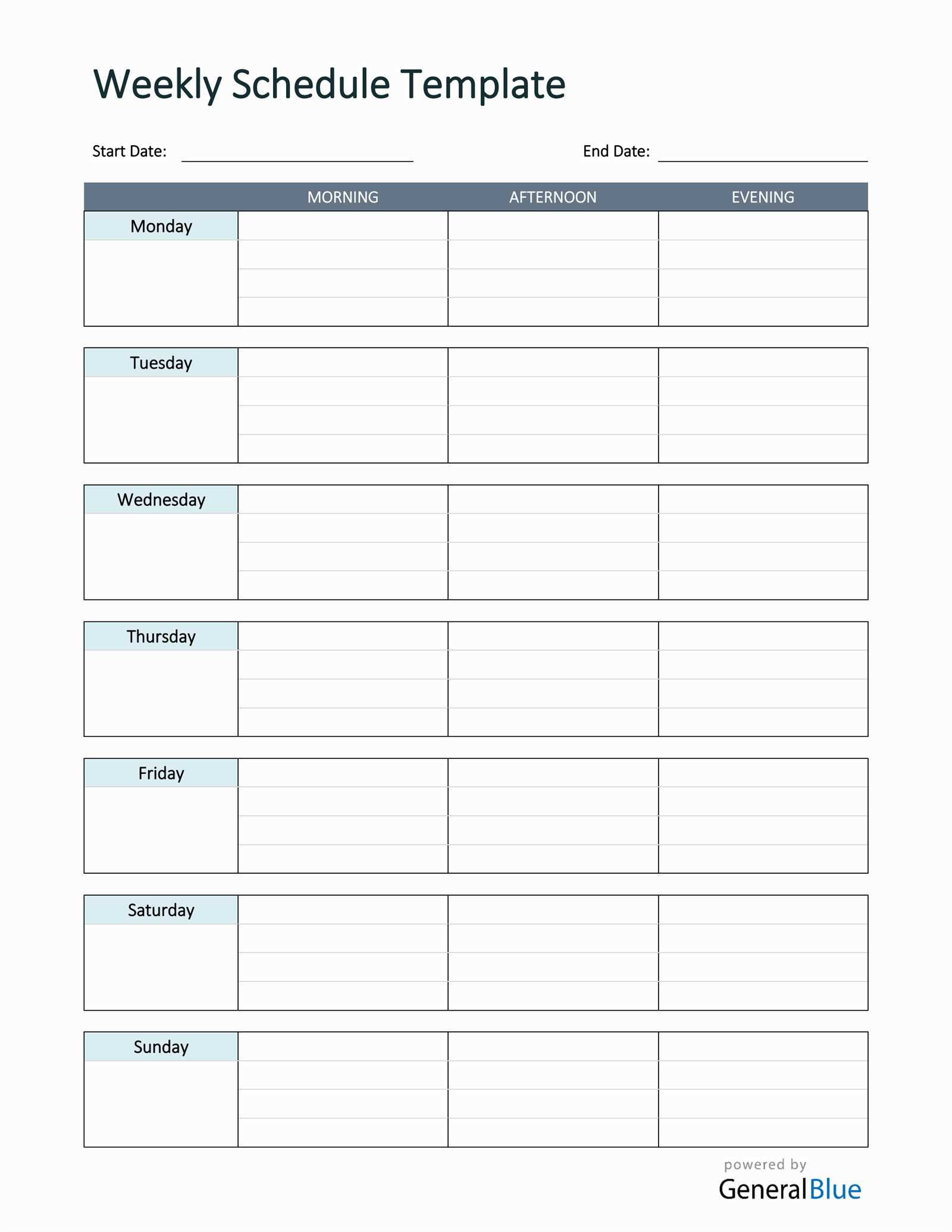 calendar for the week template