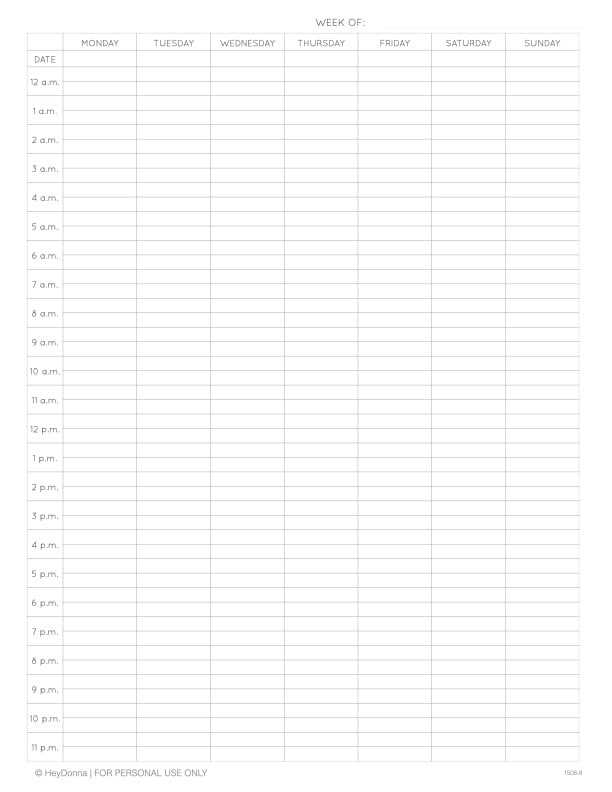 24 hour calendar template printable