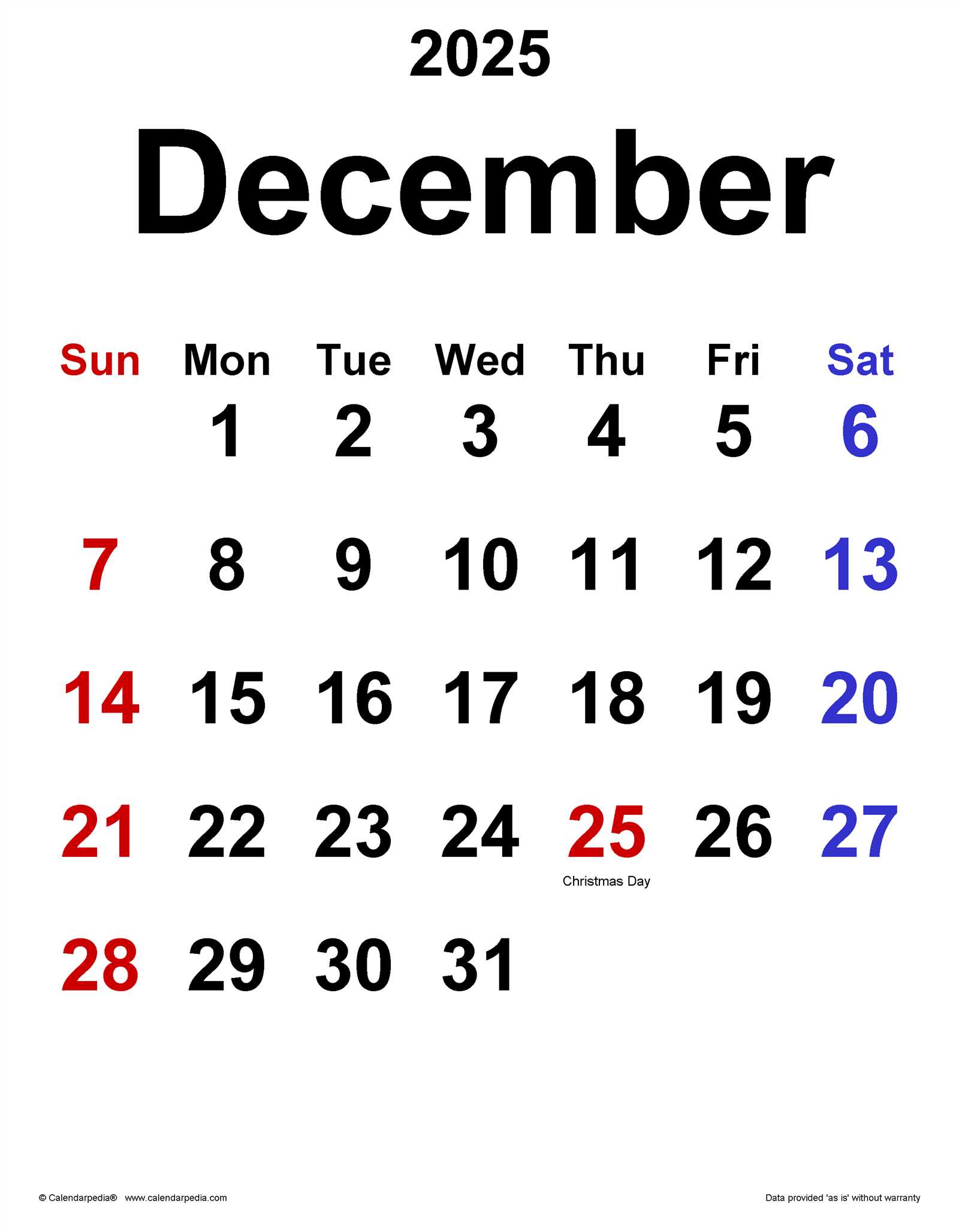 blank calendar template december 2025 printable