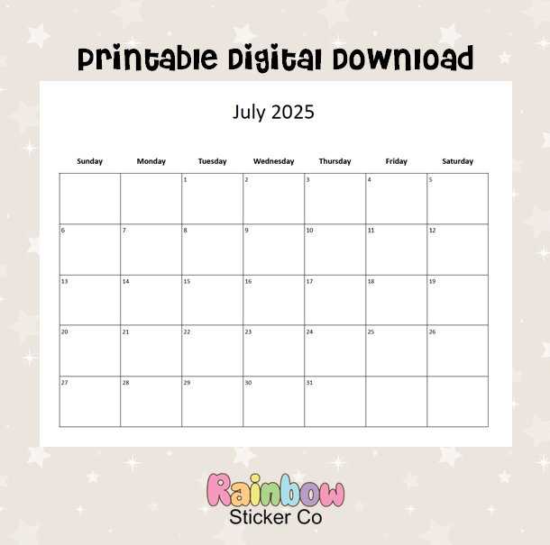 july month calendar template